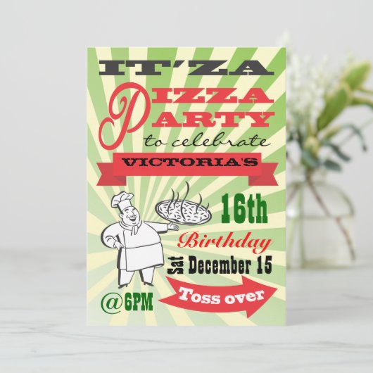 Retro Pizza Party Kaart (Staand voorkant)