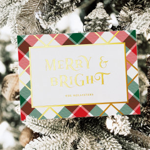 Retro Plaid Merry & Bright Golf Folie Vakantie Kaa Feestdagenkaart