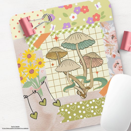 Retro plakboek collage kunstwerk bloemenchampignon muismat