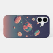 Retro planeet en omringende rotsen iPhone 16 hoesje (Achterkant horizontaal)