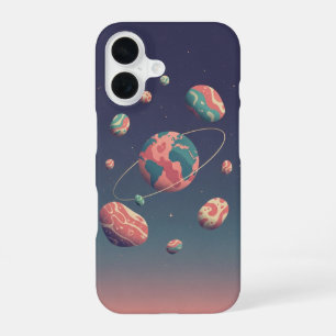 Retro planeet en omringende rotsen iPhone 16 hoesje