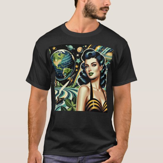 Retro Planeet Pin-Up  T-shirt (Voorkant)