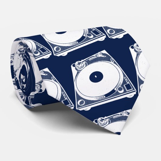 Retro Platenspeler Grafisch in Wit Stropdas (Opgerold)