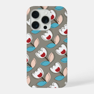 Retro Plezier Wit Blauw Rood Tulpen Bloemen Patroo iPhone 15 Pro Case