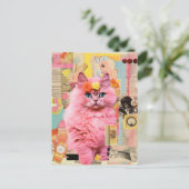 Retro pluizige roze kat collage briefkaart (Staand voorkant)