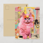 Retro pluizige roze kat collage briefkaart (Voorkant / Achterkant)