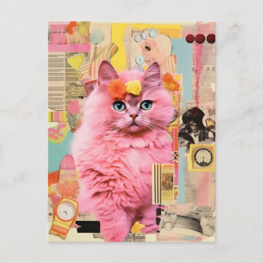 Retro pluizige roze kat collage briefkaart (Voorkant)