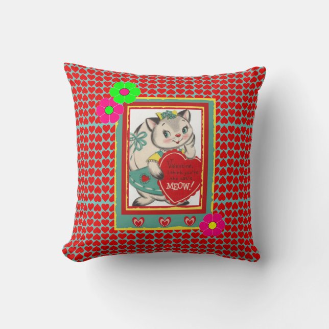 Retro "Poesje Mauw" Valentijn Kitty Kussen (Voorkant)