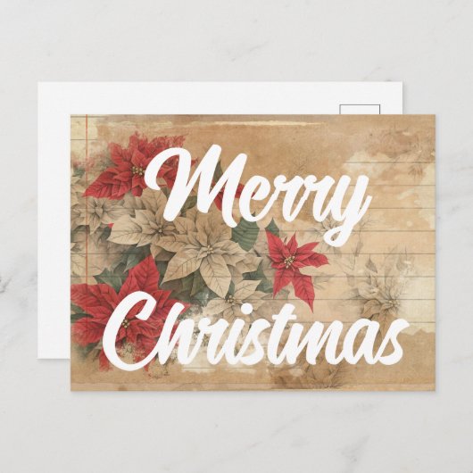 Retro Poinsettia Bloemen Grunge Vrolijk Kerstfeest Briefkaart (Voorkant / Achterkant)