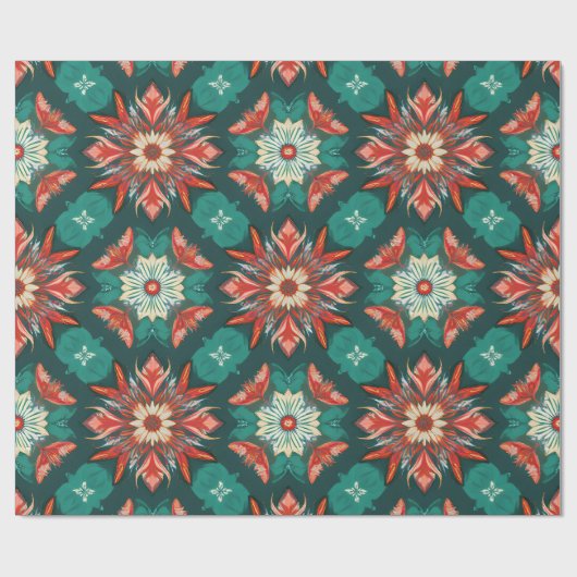 Retro Poinsettia Burst Kerstpatroon Cadeaupapier (Vlak)