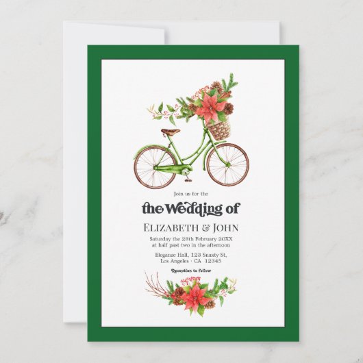 Retro Poinsettia Fiets Kerstbruiloft Kaart (Voorkant)
