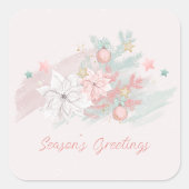 Retro Poinsettias Waterverf Roze en Groen Vierkante Sticker (Voorkant)