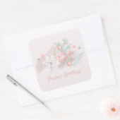 Retro Poinsettias Waterverf Roze en Groen Vierkante Sticker (Envelop)