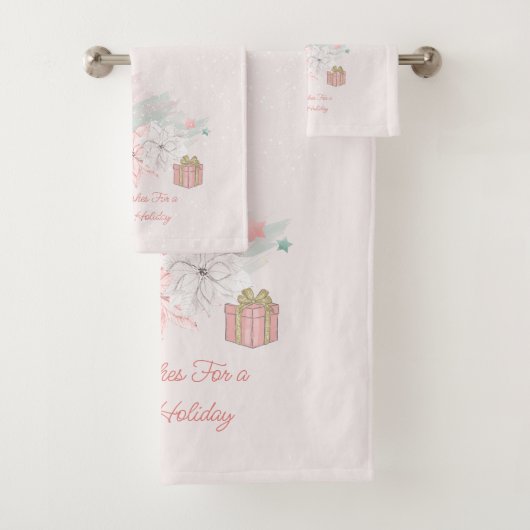 Retro Poinsettias Waterverf Roze witte cadeaus Bad Handdoek (Insitu)