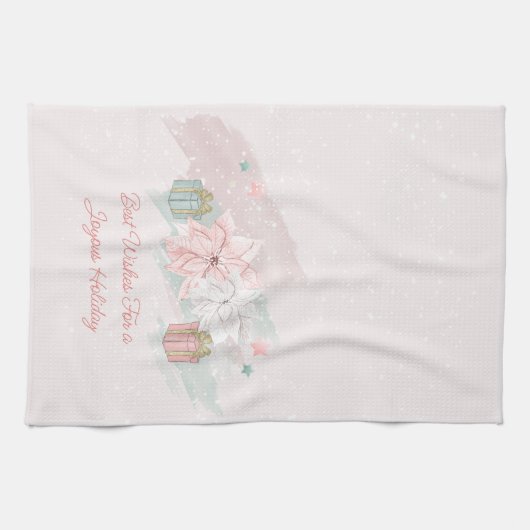 Retro Poinsettias Waterverf Roze witte cadeaus Theedoek (Horizontaal)