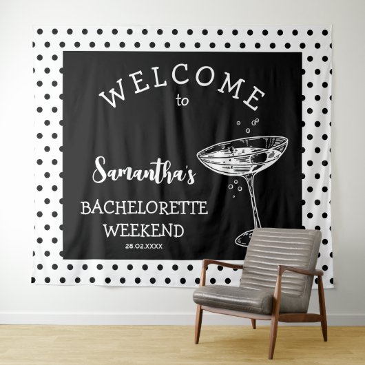 Retro Polka Bachelorette Party Achtergrond Cocktai Wandkleed (In Situ (horizontaal))