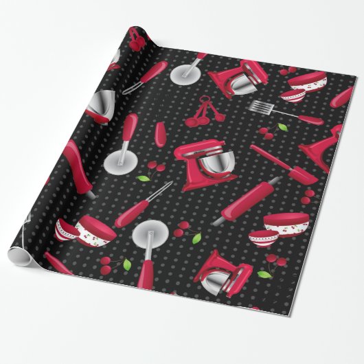 Retro Polka Dot Rode Keuken Gadget Cadeaupapier (Uitgerold)