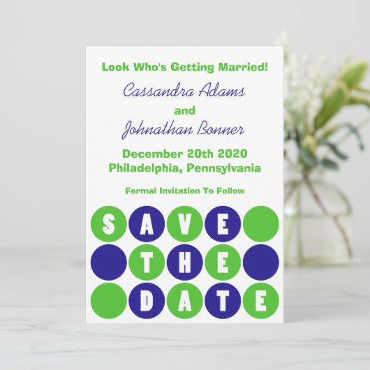 Retro Polka Stippen Save The Date (Marineblauw / G Kaart (Staand voorkant)