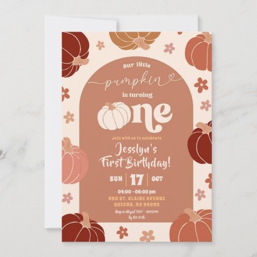 Retro Pompoen Bloemen 1e Verjaardag Kaart (Voorkant)