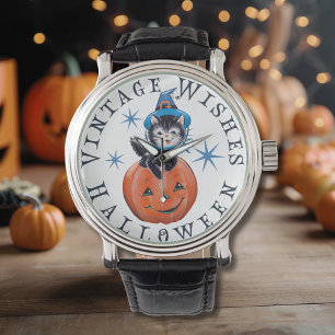 Retro  pompoen Cat Halloween Wishes Horloge
