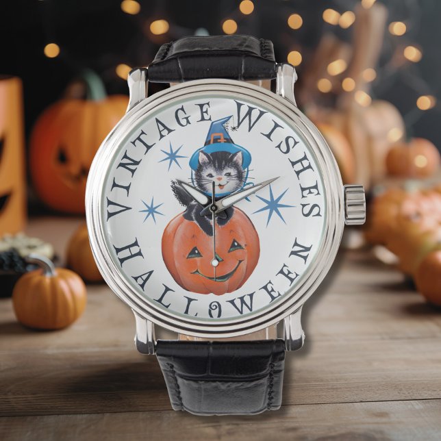 Retro  pompoen Cat Halloween Wishes Horloge (Retro Vintage Pumpkin Cat Halloween Wishes Watch)