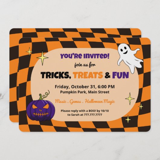 Retro pompoen Halloween Kinder feestuitnodiging Kaart (Voorkant / Achterkant)