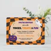 Retro pompoen Halloween Kinder feestuitnodiging Kaart (Staand voorkant)
