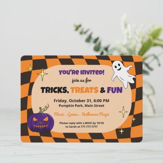Retro pompoen Halloween Kinder feestuitnodiging Kaart (Staand voorkant)
