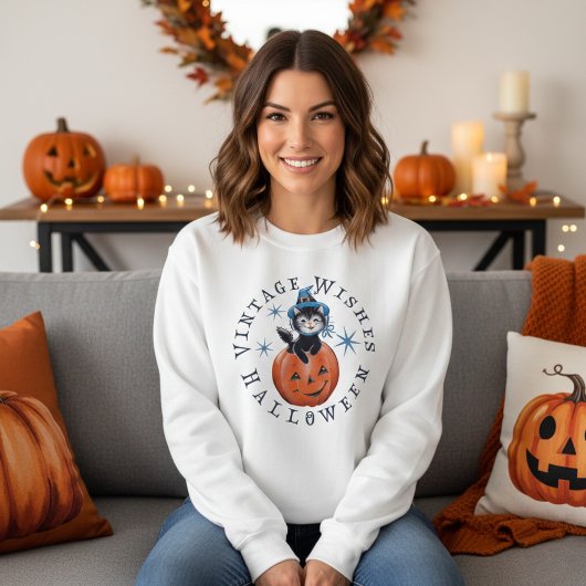 Retro Pompoen Kat  Halloween Wishes Trui
