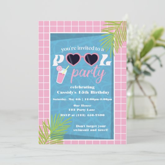 Retro Pool Birthday Party Invitation Kaart (Staand voorkant)