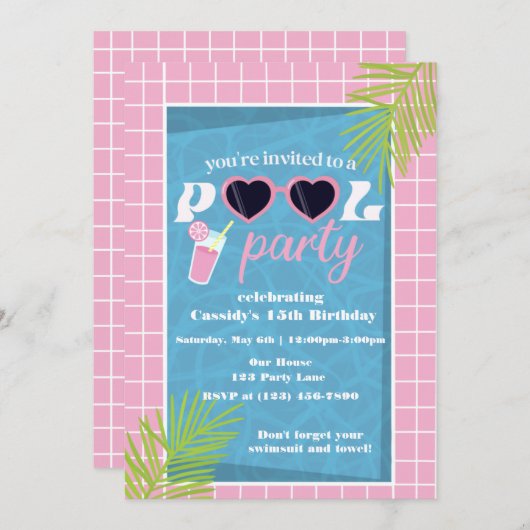 Retro Pool Birthday Party Invitation Kaart (Voorkant / Achterkant)