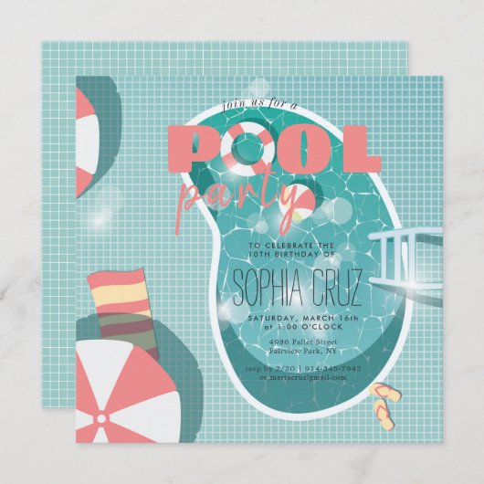 Retro Pool Party Birthday Uitnodiging (Voorkant / Achterkant)