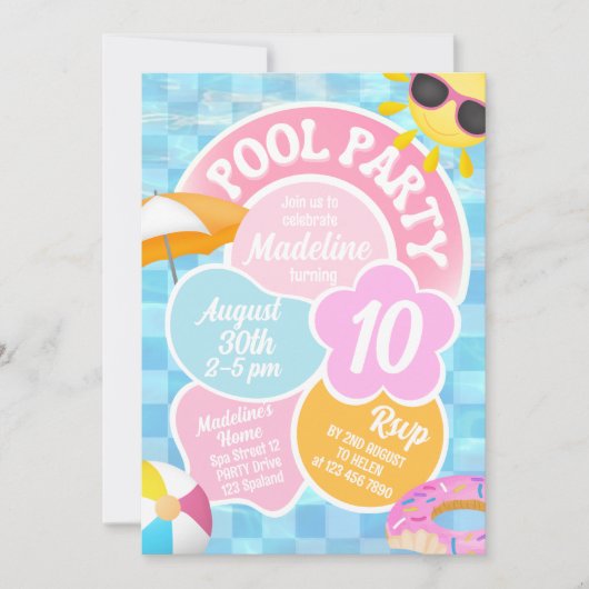 Retro Pool Party Birthday Uitnodiging (Voorkant)