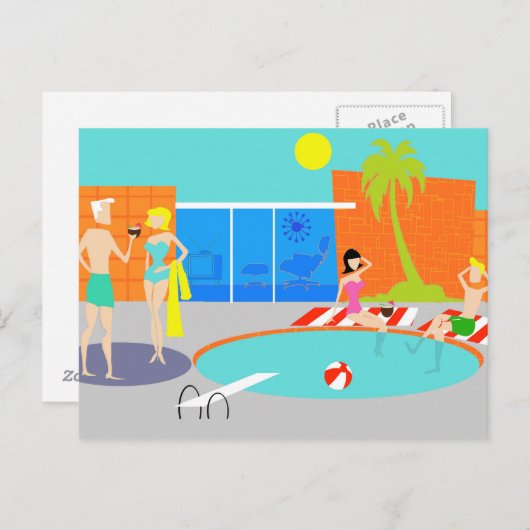 Retro Pool Party Briefkaart (Voorkant / Achterkant)