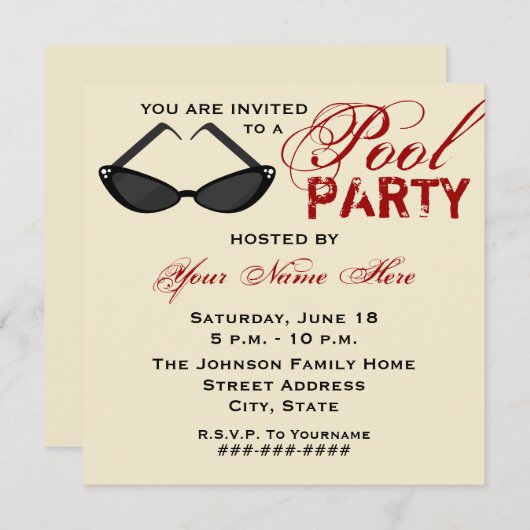 Retro Pool Party Invitation Cat Eye Sunbril Kaart (Voorkant / Achterkant)