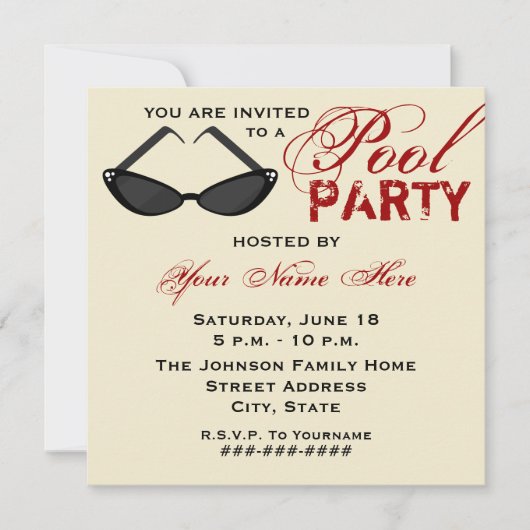 Retro Pool Party Invitation Cat Eye Sunbril Kaart (Voorkant)