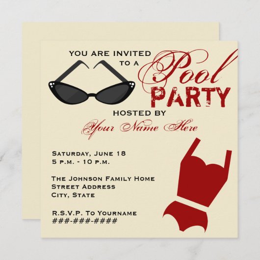 Retro Pool Party Invitation Swimsuit & zonnebrille Kaart (Voorkant / Achterkant)