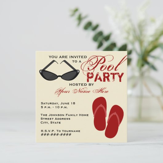 Retro Pool Party nodigt Teenslippers en zonnebrill Kaart (Staand voorkant)