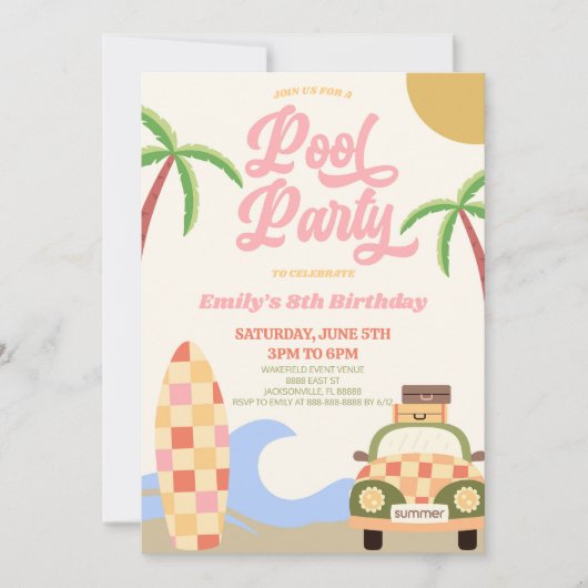 Retro Pool Party Surven Board Roze Verjaardagsfees Kaart (Voorkant)