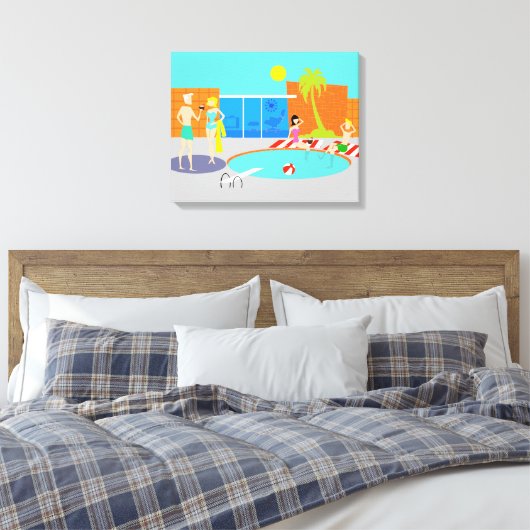 Retro Pool Party Uitgerekte Canvas Print (Insitu (Slaapkamer))