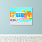 Retro Pool Party Uitgerekte Canvas Print (Insitu (Houten vloer))