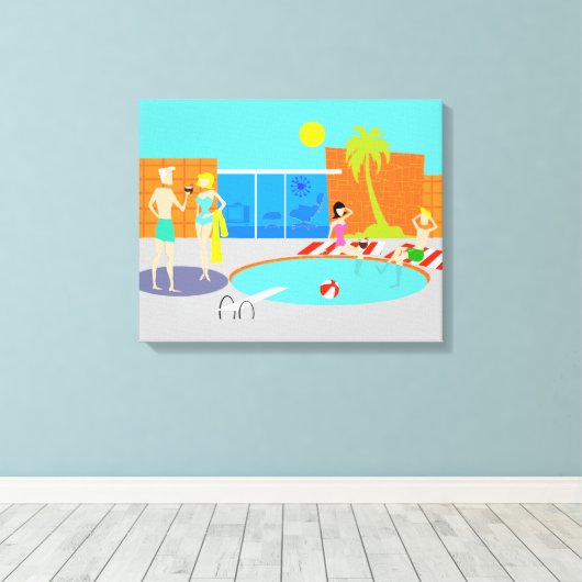 Retro Pool Party Uitgerekte Canvas Print (Insitu (Houten vloer))
