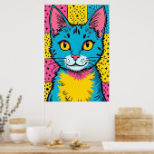 Retro Pop Art 80's Style Blue Cat Poster (Keuken)