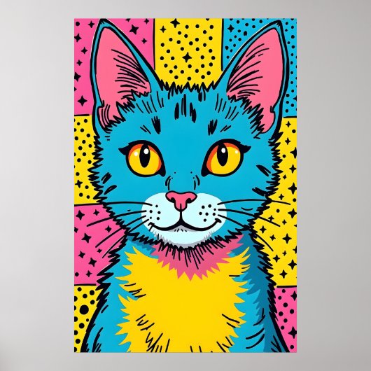 Retro Pop Art 80's Style Blue Cat Poster (Voorkant)