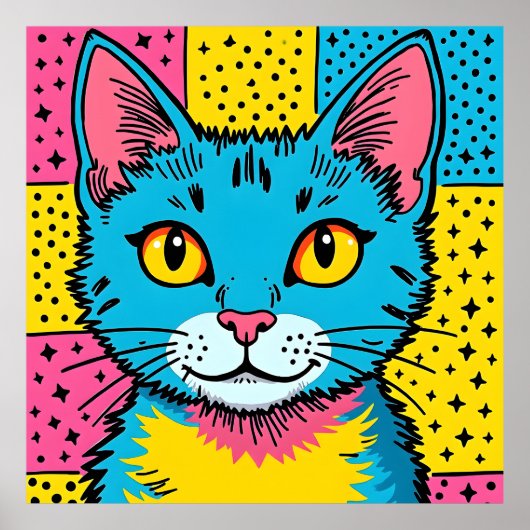 Retro Pop Art 80's Style Blue Cat Poster (Voorkant)