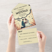 Retro Pop Art Bride & Groom Comic Wedding All In One Uitnodiging (Afscheurbaar)