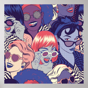 Retro Pop Art Comic Girls naadloos patroon. Achter Poster