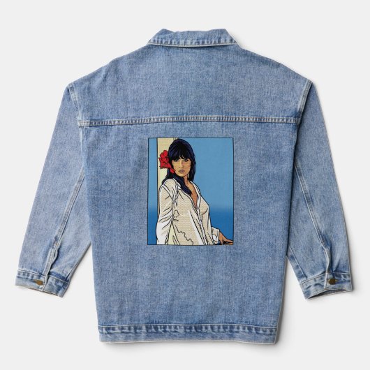 Retro Pop Art Comic Vrouw Rode Hibiscus Denim Jacket (Achterkant)
