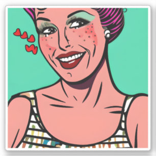 Retro Pop Art Dame die Lacht met Harten Sticker