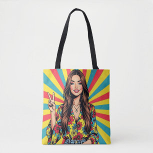 Retro Pop Art Dame geeft Vredesteken Tote Bag